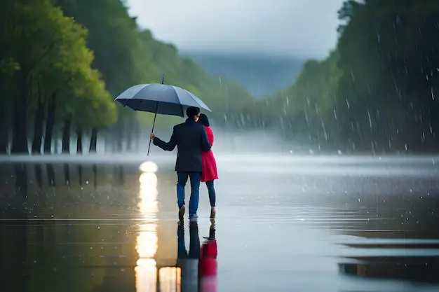 Pasangan romantis di bawah payung saat hujan