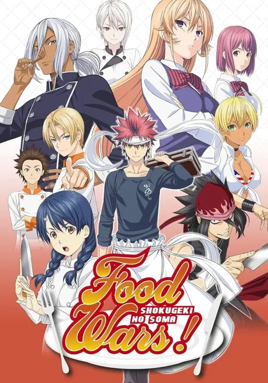 Gambar adegan memasak yang dramatis dalam Shokugeki no Soma