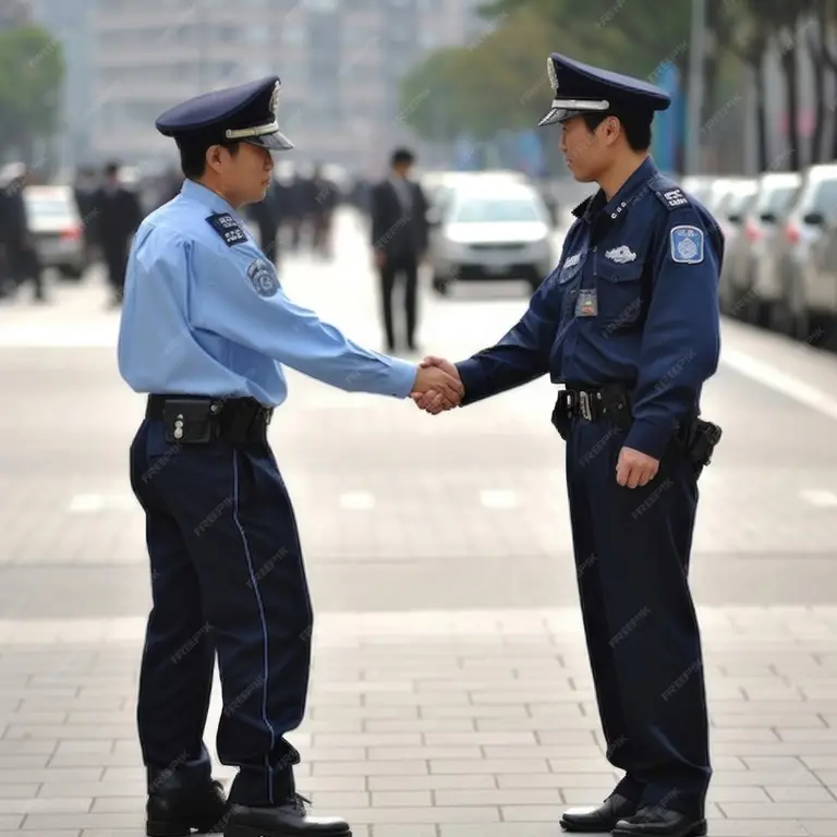 Dua petugas polisi saling berjabat tangan