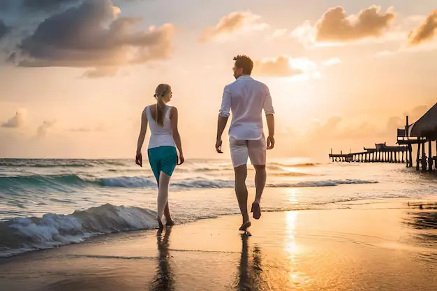 Pasangan berjalan di pantai saat matahari terbenam