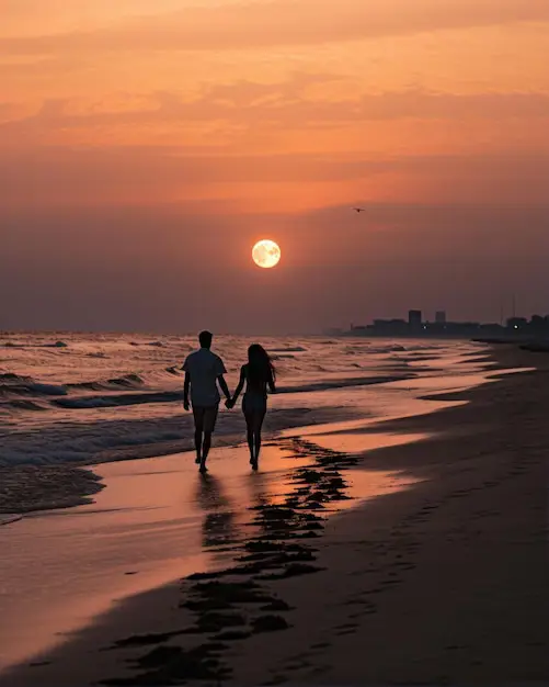 Pasangan suami istri sedang berjalan di pantai sambil bergandengan tangan