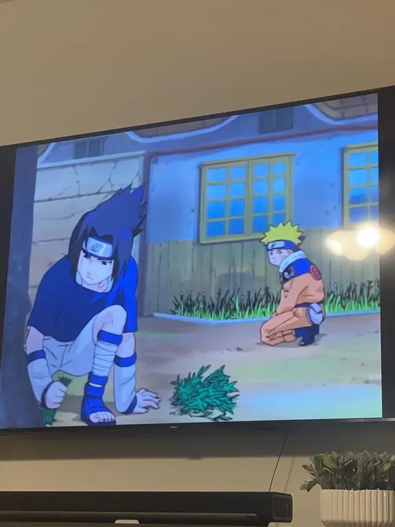 Naruto melihat matahari terbenam dengan latar belakang Konoha