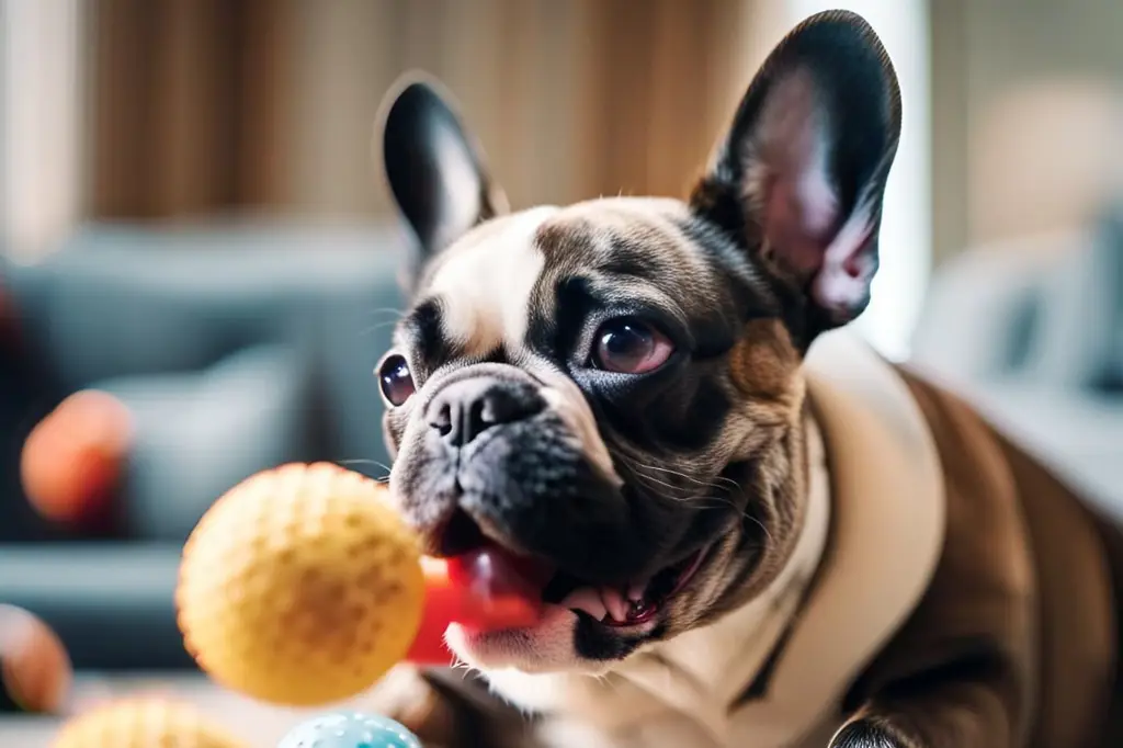 Anak anjing Bulldog Prancis bermain ambil bola