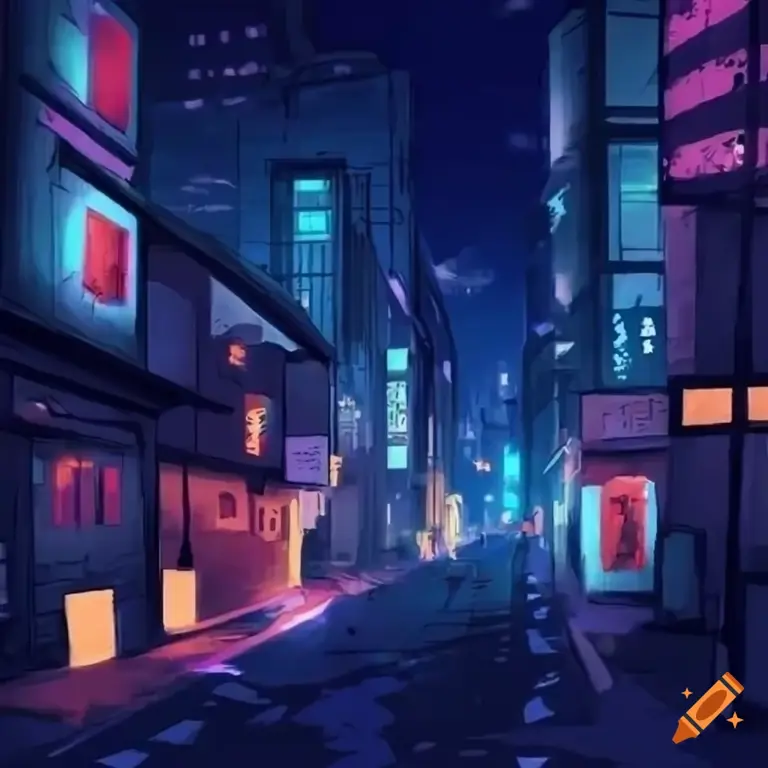 Ilustrasi jalanan kota China di malam hari dengan gaya anime