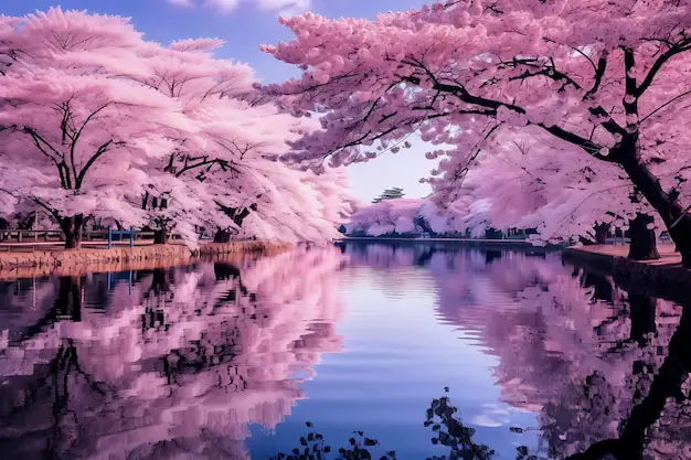 Pemandangan indah Jepang dengan bunga sakura yang sedang mekar