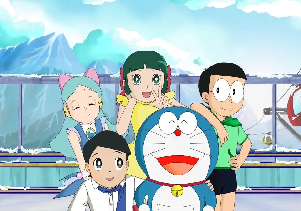 Gambar Doraemon dan teman-teman menonton matahari terbenam